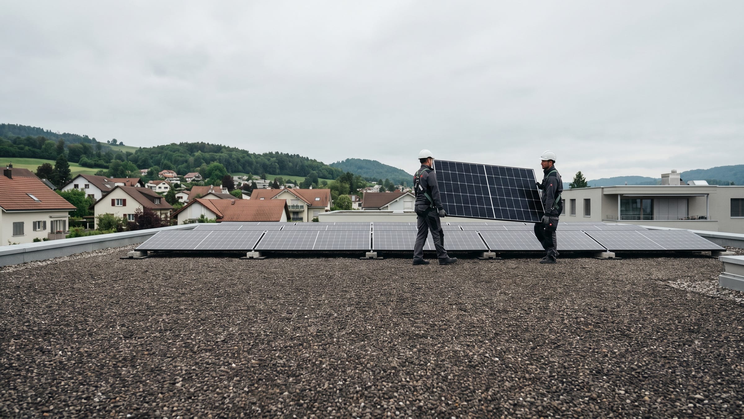 Zwei Monteure tragen ein Solarmodul über ein Flachdach
